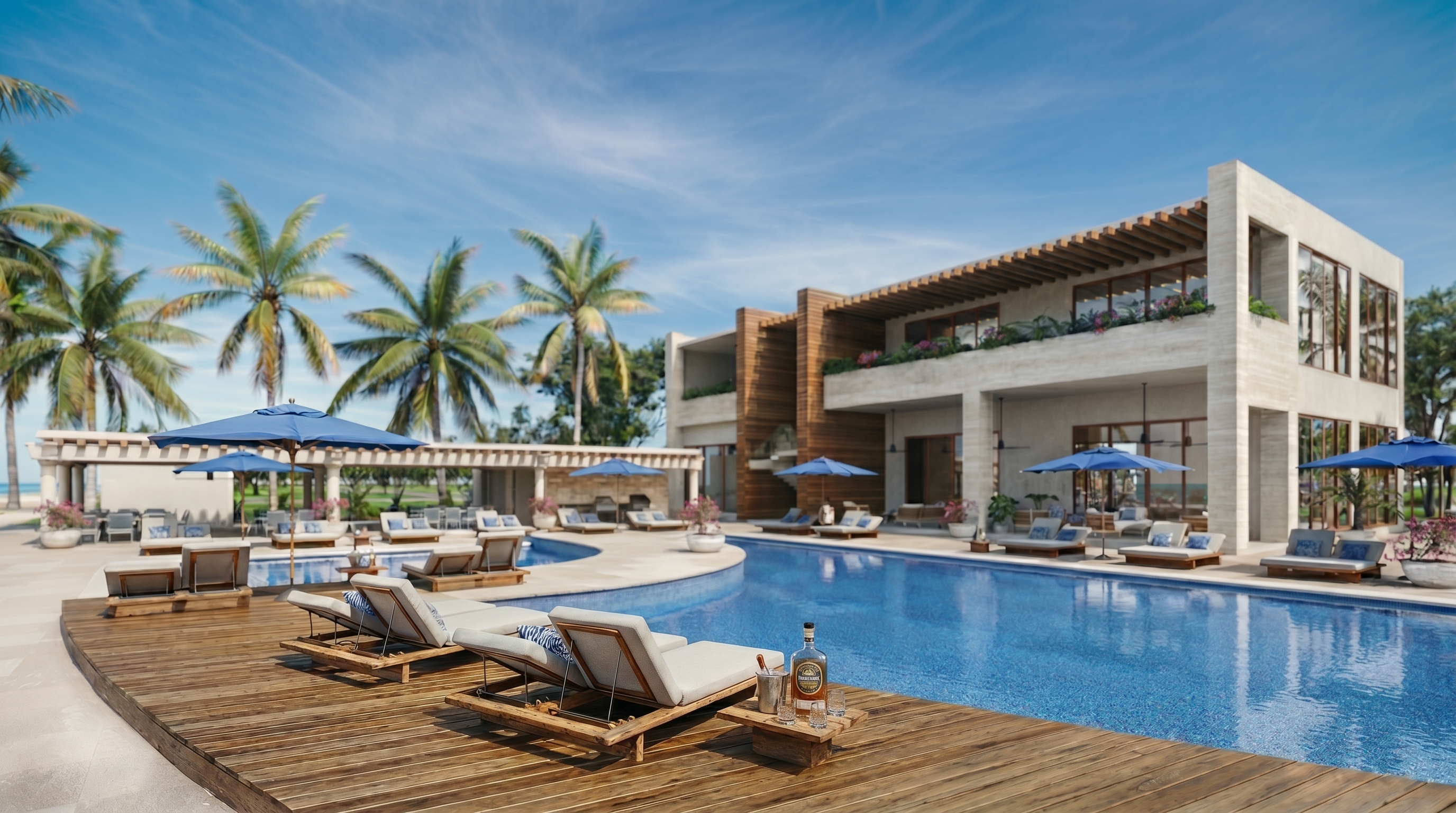 Club de playa con alberca, camastros y vista al mar